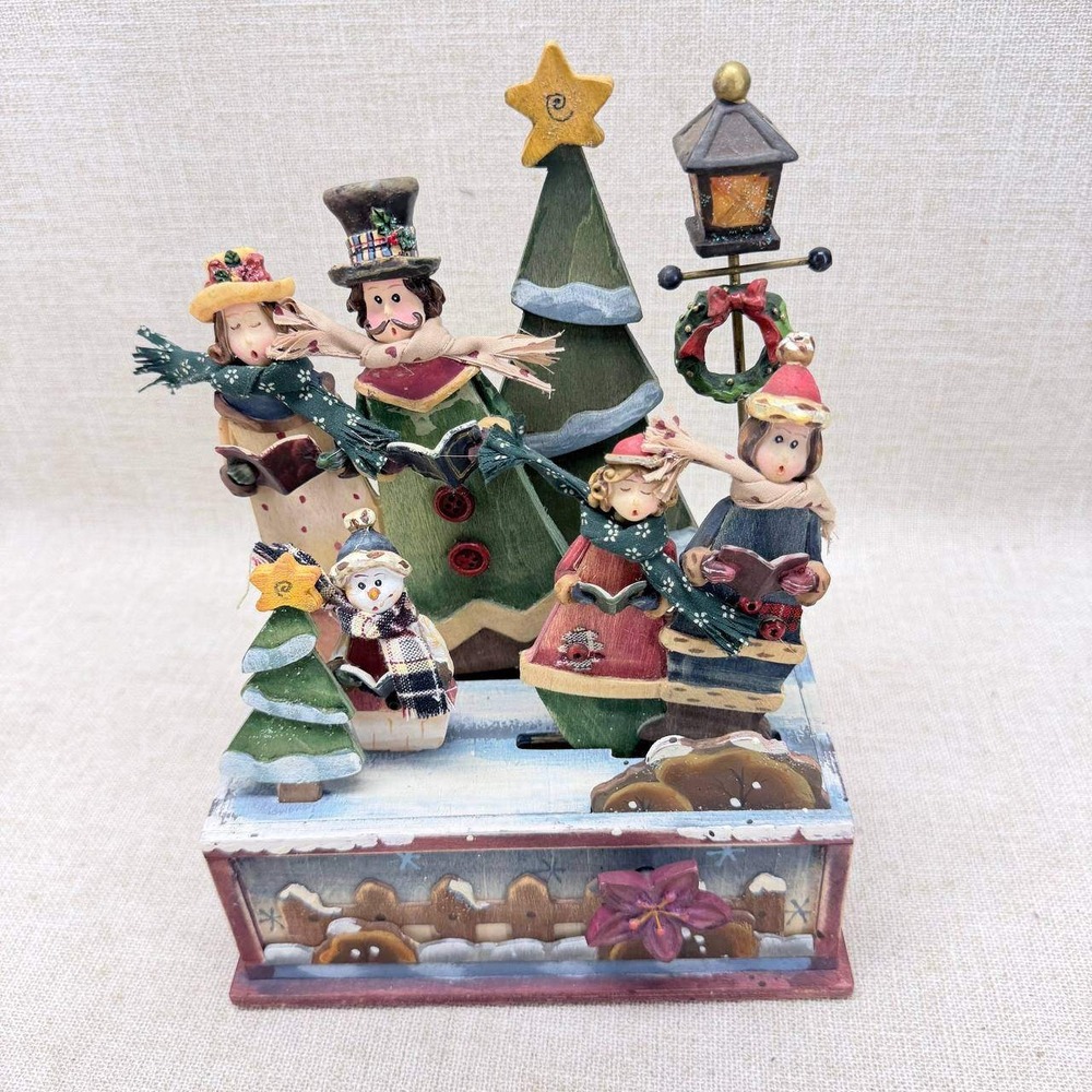 Vintage Christmas Carolers‎ Wooden Music Box Moving Winter Scene Snowman 9 Inch